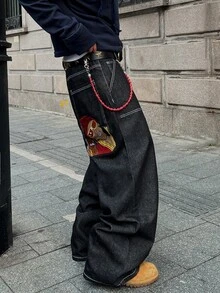 STEELVANCE 复古街头风休闲宽松直筒牛仔裤，后袋饰有独特的狗狗刺绣图案。 - 黑色 - 查看 6