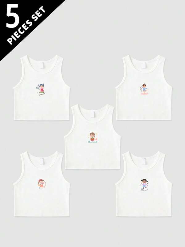 5pcs Girls' Soft & Comfortable Solid Color & Graphic Print Camisole Undershirts, Suitable For 4-7 Years Old, All Season