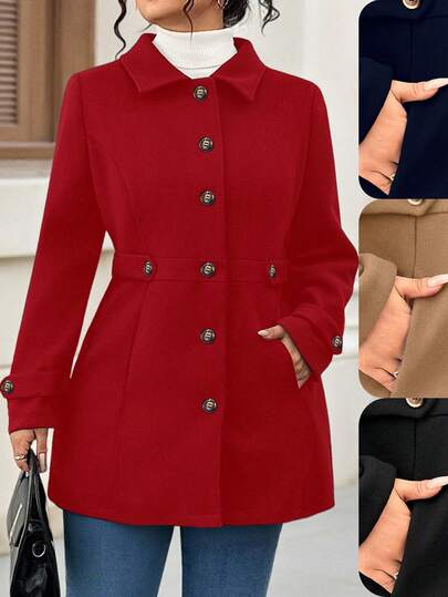 SHEIN Tall CURVE Abrigo de lana de talla grande y ajustado para mujer, de corte recto