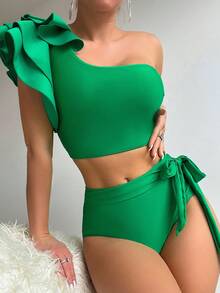 Swim Chiccia Summer Beach Solid Tankini Set Ruffle Trim One Shoulder Top & High Waisted Bottom 2 Piece Bathing Suit - Green - View 4