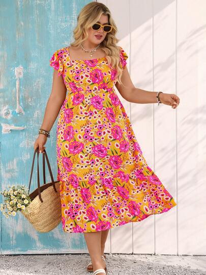 Vivid Eden Plus Size Floral Print Square Neck Ruffle Hem Casual Vacation Dress,Vacation,Vacation Style,Beach Outfits For Woman Summer Dresses For Vacation Women's Colorful Floral Painting Print,Spring To Summer,Vacation Outfits Women,Holiday Outfits For Women,Floral Dresses For Women,Floral Dress,Beach Outfit For Women,Sun Dresses For Women,Summer,Summer Vacation Outfits Women, Summer Outfits Women,  Women Summer Outfits,Graduation Dress For Women,Wedding Guest Dress For Women, Women Summer Dress, Women Vacation Dress, Summer Midi Dress, Women Floral Dress, Yellow Floral Dress
