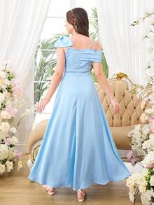 Vestido midi elegante de unicolor con ajuste ceñido, abertura alta, volante asimétrico en el bajo, adecuado para fiestas, banquetes, damas de honor, cumpleaños y otras ocasiones importantes - Azul - Ver 2