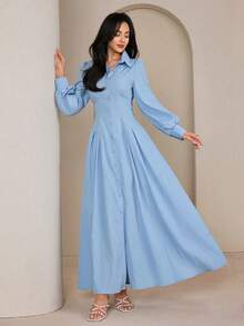 Graceveil Women's Fashionable, Modest, Elegant Solid Color Extra Long Shirt Dress - Blue - View 3