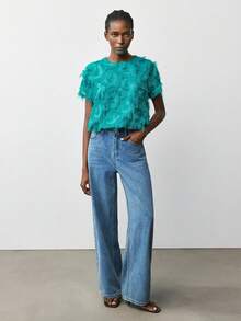 Maija Women's Casual Fashionable Street Style Vacation Minimalist Solid Color Frayed Hem Short Sleeve T-Shirt, Summer Fringe Tops Tassel Top Faux Feather Top St Patrick's Day Women Easter Summer Party Top Beach Holiday Vacation Going Out Graduation Casual Top Casual Blouses For Women - Green - View 3