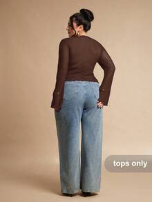 SHEIN BAE 大码女式纯色网纱蕾丝拼接长袖性感上衣，可作内衣或外套 - 咖啡棕 - 查看 5