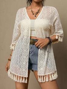 Freevana Plus Size Women Vacation Fringe Cuff Loose Kimono Cover Up,Plus-Size Kimonos, Plus-Size Three-Quarter Sleeve Shirts, Plus-Size Beachwear, V-Neck Three-Quarter Sleeve Jackets, Casual Vacation Tops, Sun-Protective Clothing, Tassel Embellishments On Cuffs And Hem, Geometric Lace Patterns, Openwork Tops.Plus-Size Women'S Apricot-Colored Openwork Crochet Kimono, Lace Jacket, Loose Mid-Length Sleeves, Romantic Early Spring Beach Warm Kimono Shirt, Women'S Beach Kimono 2026 Summer Beach,Large Size Beach Kimono Plus-Size Lace Crochet Tassel Hem Kimono Summer Lace Kimono Boho Kimono Lace Cover Up Summer Cardigan For Women Crochet Cover Up - Apricot - View 4