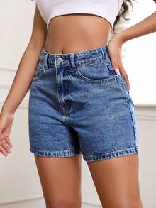 SHEIN ICON Quần short denim cạp cao kiểu vintage dành cho nữ cỡ lớn, dáng chữ A, ống rộng, thoải mái, đa năng. - Rửa trung bình - Xem 6