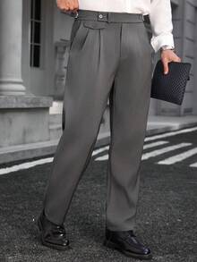 Manfinity Bizformal Men's Pleated Solid Color Slant Pocket Business Casual Pants - Grey - View 1