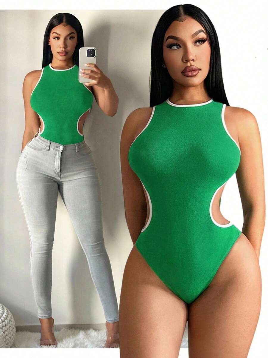 SHEIN SXY 女士夏季休闲性感黑白撞色连体衣，运动风上衣 - 綠色 - 查看 1