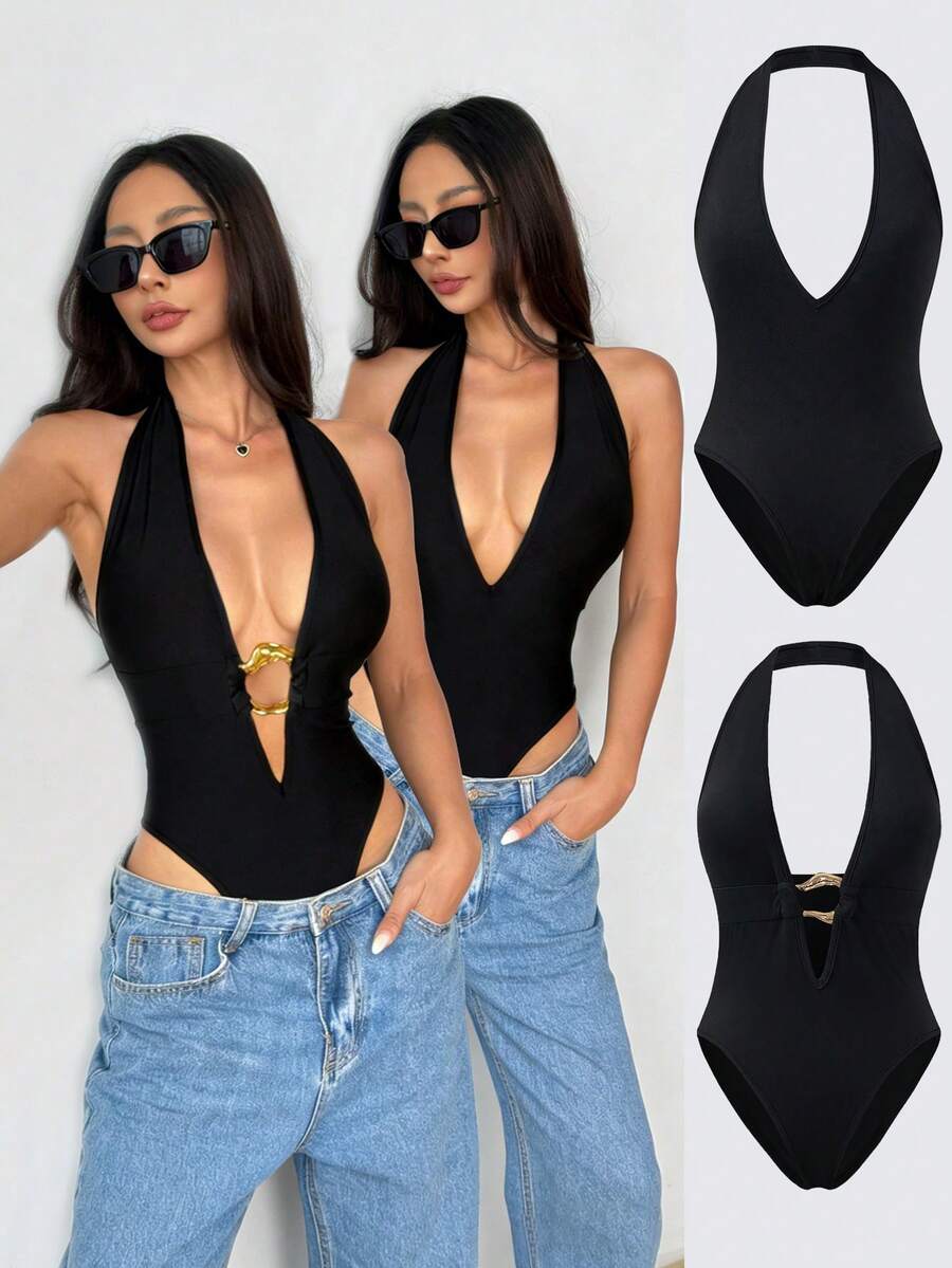 SHEIN LUNE 女士性感V领露背吊带连体衣 - 黑色 - 查看 1