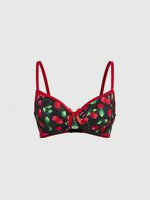ROMWE Kawaii Women's Sweet & Cute Cherry Print Underwire Bra With Bow - Black - View 1