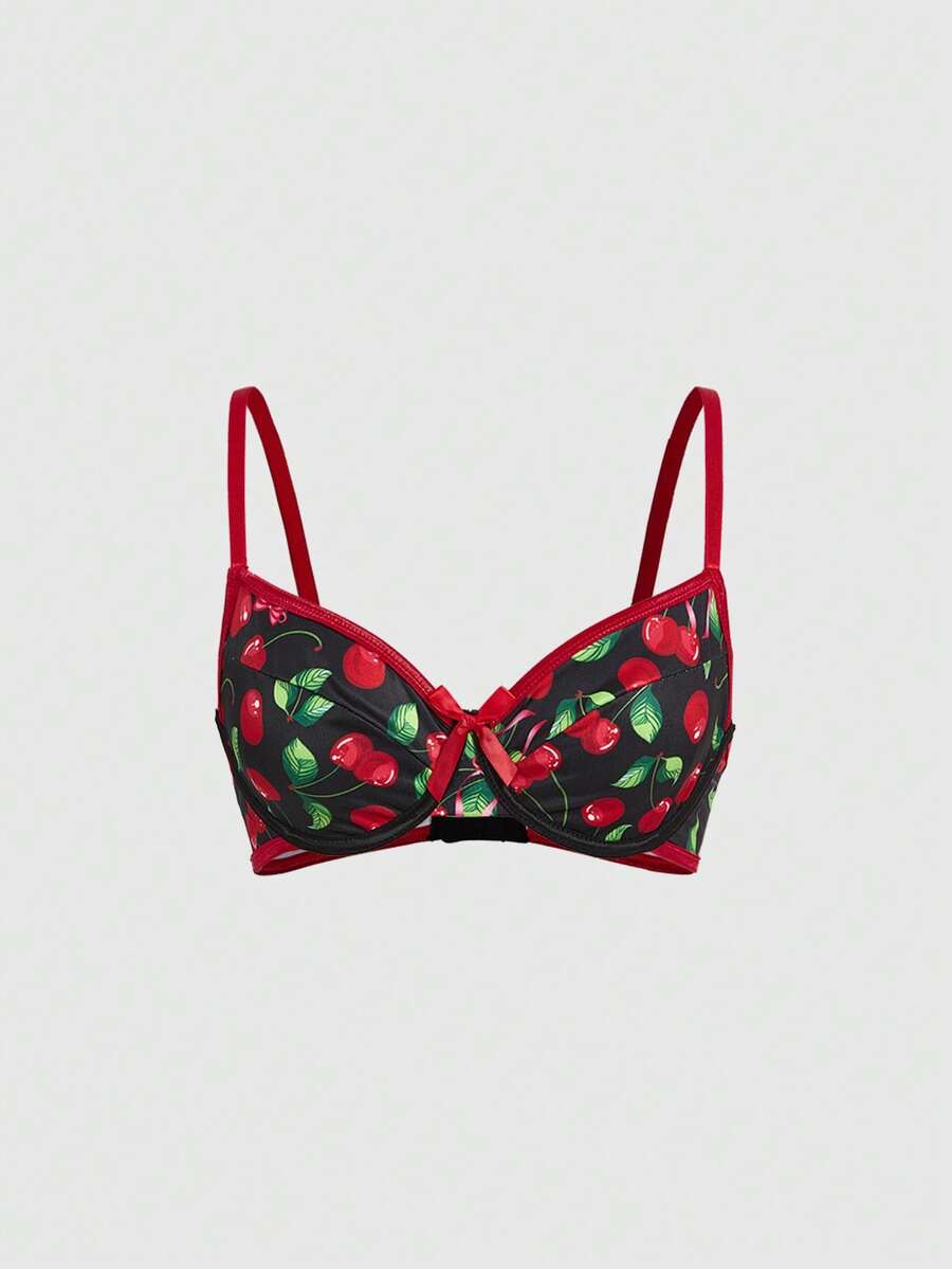 ROMWE Kawaii Women's Sweet & Cute Cherry Print Underwire Bra With Bow - Black - View 1