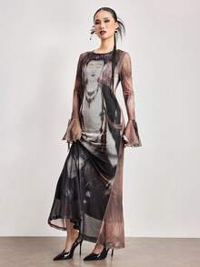ROMWE Avant Vintage Neo-Chinese Style Buddha Print Fitted Dress - Multicolor - View 8