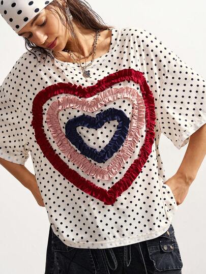 Bohemela Plus Size Women Polka Dot Ruffle Hem Heart Graphic Casual Everyday Short Sleeve T-Shirt