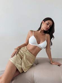 Firerie 女士新款简约优雅时尚通勤金属配饰裹身亚麻迷你裙 女士半身裙 金色半身裙 裹身裙 系带半身裙 - 金色 - 查看 8