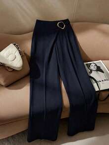 Modelyn Pantalon ample élégant à jambes droites et couleur unie avec décoration pour femmes - Bleu azur - Voir 1