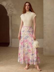 MOTF PREMIUM GUIPURE LACE PRINTED WAIST FLARED HEM SLIM FIT SKIRT - Multicolor - View 4