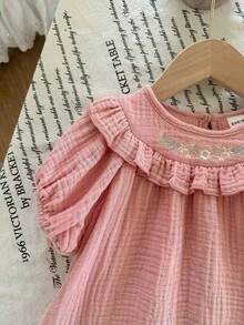 SHEIN LMoss Kids 女婴法式优雅花卉刺绣泡泡袖连衣裙 - 紫色 - 查看 5