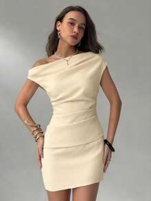 Aloruh 女士夏季纯色杏色连衣裙，简约斜肩优雅褶裥装饰迷你连衣裙，无袖夏季连衣裙，办公室通勤休闲连衣裙 - 杏色 - 查看 8