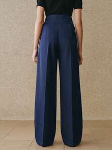 Anewsta 复古设计双皮带扣装饰超高腰休闲垂坠女士西装裤，春夏款 - 深色水洗藍 - 查看 3