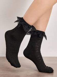 ROMWE Goth Women's Fashionable And Sweet Ruffle Trim Pink Mid-Calf Socks - Black A - View 4