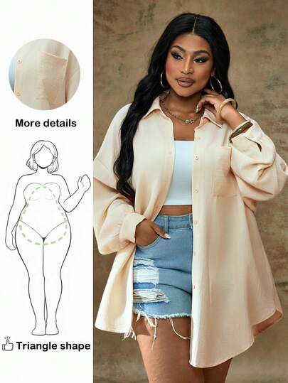 Truni 大码女式宽松落肩长袖单排扣杏色衬衫，秋季