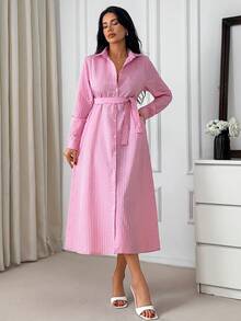 EURMUSE 女士粉白条纹衬衫裙 – 长袖纽扣领中长连衣裙，配腰带，休闲职场优雅春季装扮 - 粉色 - 查看 3