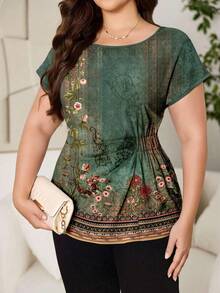 SHEIN Clasi 大码女式夏季休闲度假印花蝙蝠袖松紧腰上衣 - 綠色 - 查看 6