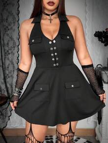 Flirla Plus Size Fashion Halter Neck Jumpsuit Dress With A-Line Silhouette - Black - View 4