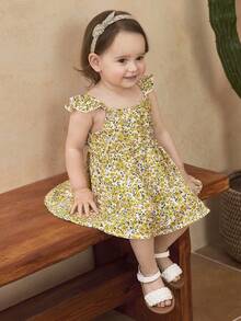 SHEIN 女婴短袖碎花荷叶边下摆可爱田园风连衣裙，夏季 - 彩色 - 查看 7