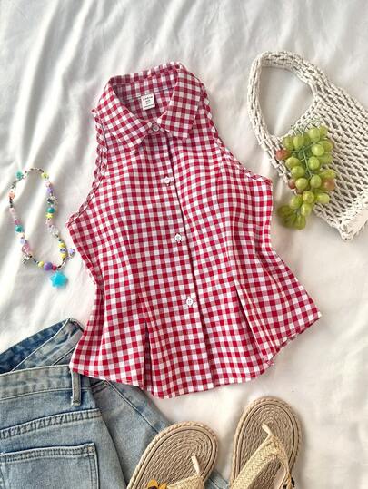 SHEIN Tween Girl Casual Vacation Elegant Commute School Fitted Collared Sleeveless Pleated Woven Blue & White Striped Cinched Waist A-Line Button Front Shirt Blouse