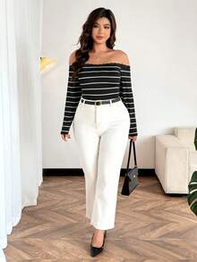 Calvaya Camiseta Ajustada com Ombros à Mostra, Renda Contrastante e Listras, Casual, Plus Size, Outono - Multicolorido - Visão 7