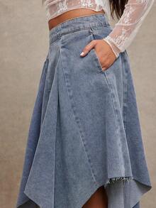 WESTFADE Pleated Handkerchief Raw Hem Asymmetrical Denim Midi Skirt - Medium Wash - View 5