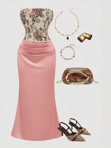 SHEIN MOD 女士花卉拼接提花褶裥鱼尾优雅无肩带中长连衣裙 - 藕粉色 - 查看 6