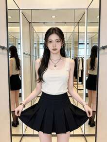 Falda mini plisada en línea A de cintura alta en gris, diseño favorecedory antibrillo - Negro - Ver 6