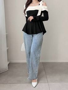 FRIFUL 吊带拼接撞色露肩收腰X型修身休闲百搭长袖T恤 - 黑色 - 查看 2