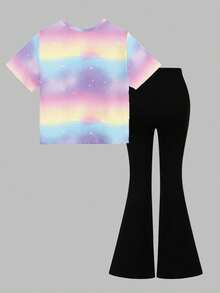 两件套少女休闲时尚创意个性清新可爱简约虚拟女团Q版角色发髻女孩彩色五角星渐变印花短T恤和喇叭裤套装，舒适日常穿着，适合春、夏、秋季。 - 彩色 - 查看 2