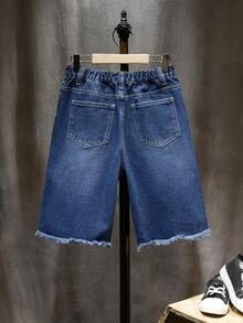 Tween-Jungen Jeans im Used-Look, mittelblau, lässiger Preppy-Style, Sommerurlaubs-Vibe, gerade, locker sitzend, bequemer Denim, geeignet für Schule, Outdoor-Aktivitäten - Blau - Übersicht 3