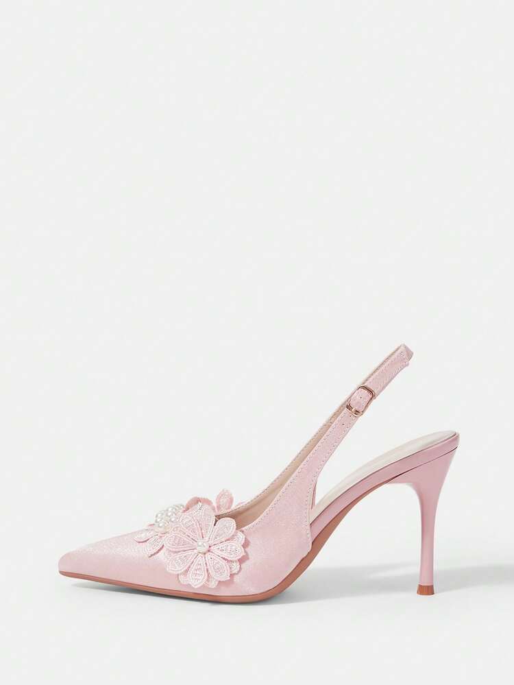 CUCCOO HITCHD Women Shoes Pointed Stiletto Pink Faux Pearl Lace Flower Slingback Women's High Heel Shoes Wedding Dinner Party Women's Shoes Slingback Shoes Wedding Shoes Summer Shoes Bride Shoes