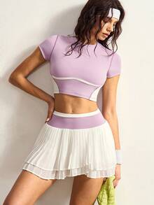 VARSIVA Purple Tennis Set, Purple Tennis Set Purple And White Color-Blocked Short-Sleeved T-Shirt And Mini Tennis Skirt, Suitable For Sports, Tennis, Cricket, Yoga, Everyday Wear, And Vacations, And Is Suitable For Spring, Summer, Fall And Winter. - Multicolor - View 1