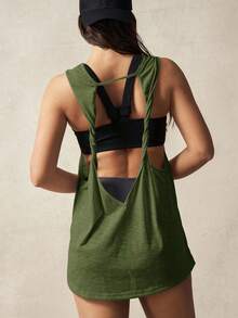 VARSIVA V-Neck Short Sleeve Hollow Back Loose T-Shirt - Army Green - View 5