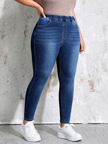 EMERY ROSE Plus Size Elastic Waist Multi-Pocket Jeans, Casual Daily Wear Elegant - Dark Wash - View 1