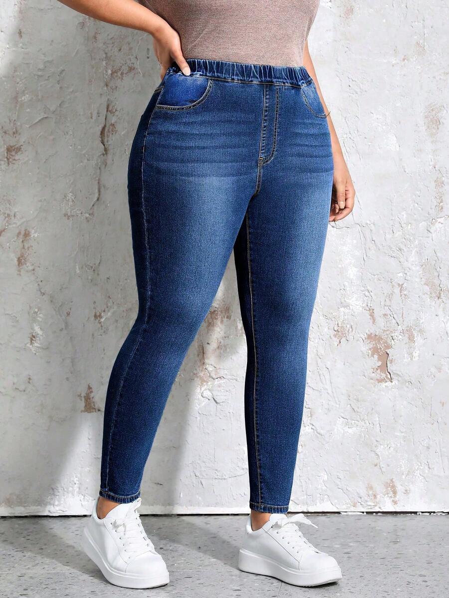 EMERY ROSE Plus Size Elastic Waist Multi-Pocket Jeans, Casual Daily Wear Elegant - Dark Wash - View 1