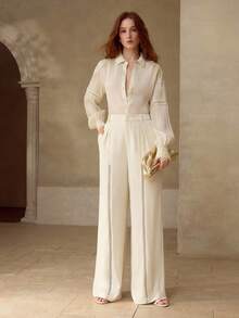 MOTF PREMIUM 撞色蕾丝褶裥直筒裤，春夏款 - 杏色 - 查看 1