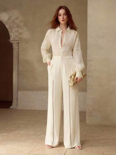 MOTF PREMIUM CONTRAST LACE FOLD PLEATED STRAIGHT LEG PANTS, SPRING/SUMMER