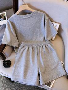 Resyla Bộ 2 món quần short tay ngắn cổ tròn thêu hình trái tim, thích hợp làm quà tặng cho bạn bè. - Xám - Xem 2