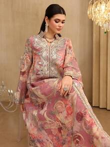 Al Najma 春夏喇叭袖立领串珠花卉饰边阿拉伯长裙 - 粉色 - 查看 1