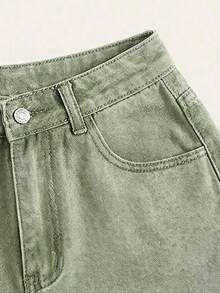 GlowEve Quần short denim nữ mùa hè, kiểu dáng thường ngày, gấu quần xắn lên, cạp cao. - xanh quân đội - Xem 5