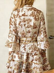 Cévolie Women's Fashionable Casual Elegant Romantic Vacation Floral Print Button Front Dress - Brown - View 4