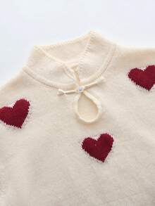 SHEIN Franclia Romantic Valentine's Day Themed Red Stand-Up Collar Pullover Sweater With A Versatile Heart-Patterned Jacquard Design. Features Stylish And Versatile Buttons. Long-Sleeved, Round-Neck, Red Heart-Patterned Jacquard Pullover Sweater. Elegant And Slim-Fitting Evening Wear. Suitable For Women's Elegant Dresses, Wedding Guest Wear, Wedding Party Wear, Valentine's Day Pullover Sweater, Valentine's Day Attire, And Elegant Party/Birthday Tops. - Beige - View 6